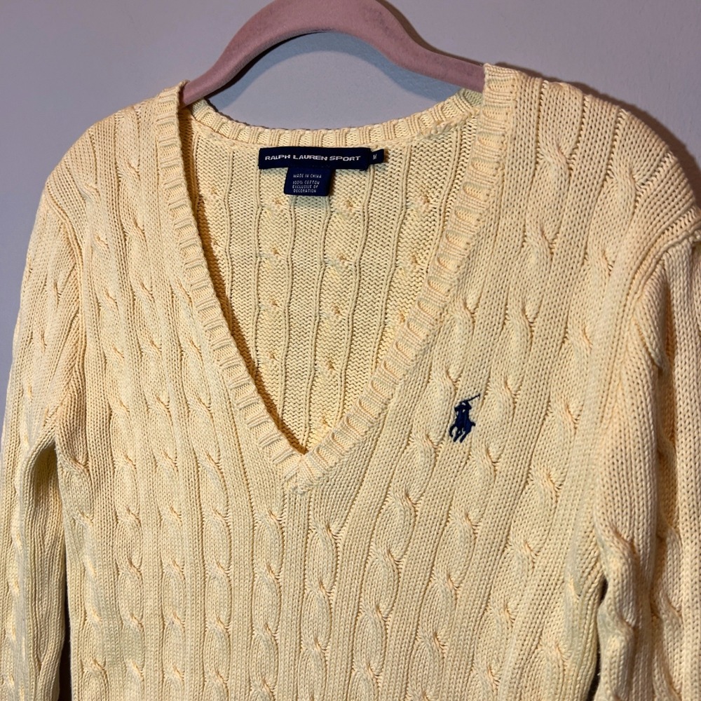 Ralph Lauren Sport Womens Yellow Cable Knit V-Neck Cotton Sweater Size M - Picture 2 of 10